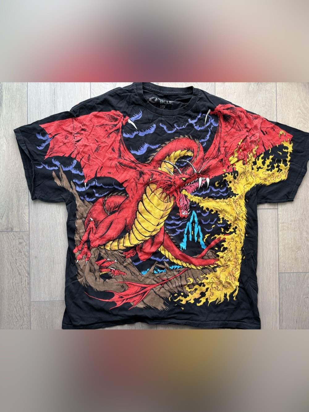 Liquid Blue Black Tee with Red Dragon and Yellow Flame